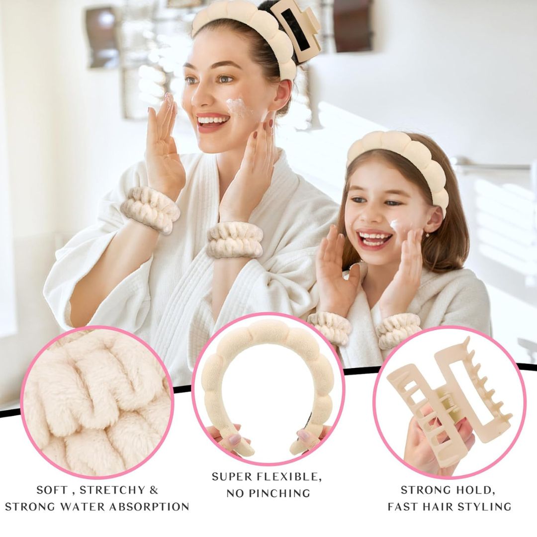 Khaki Puffy Spa Headband and Wristband Set for Women and Girls